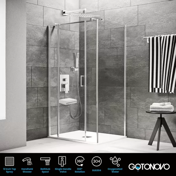 imagegotonovo Polish Chrome Rain Mixer Shower Faucet Set with Waterfall Tub Spout 10 inch Square Rainfall Shower Head with Handheld Spray Wall Mounted Roughin Valve and Trim IncludedChrome Polished