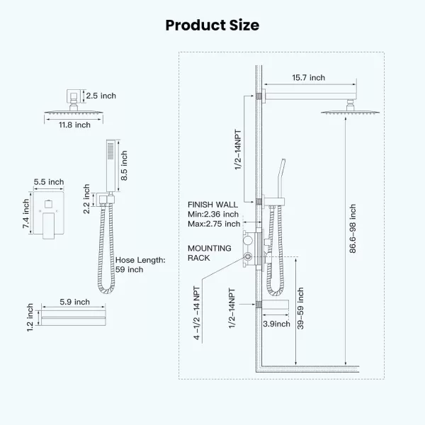imagegotonovo Polish Chrome Rain Mixer Shower Faucet Set with Waterfall Tub Spout 10 inch Square Rainfall Shower Head with Handheld Spray Wall Mounted Roughin Valve and Trim IncludedBrushed Nickel