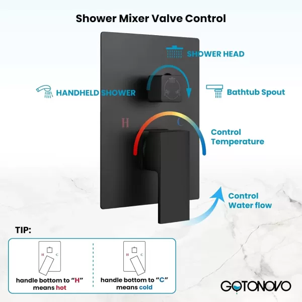 imagegotonovo Polish Chrome Rain Mixer Shower Faucet Set with Waterfall Tub Spout 10 inch Square Rainfall Shower Head with Handheld Spray Wall Mounted Roughin Valve and Trim IncludedMatte Black