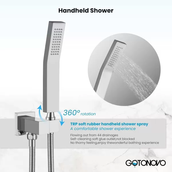 imagegotonovo Polish Chrome Rain Mixer Shower Faucet Set with Waterfall Tub Spout 10 inch Square Rainfall Shower Head with Handheld Spray Wall Mounted Roughin Valve and Trim IncludedChrome Polished