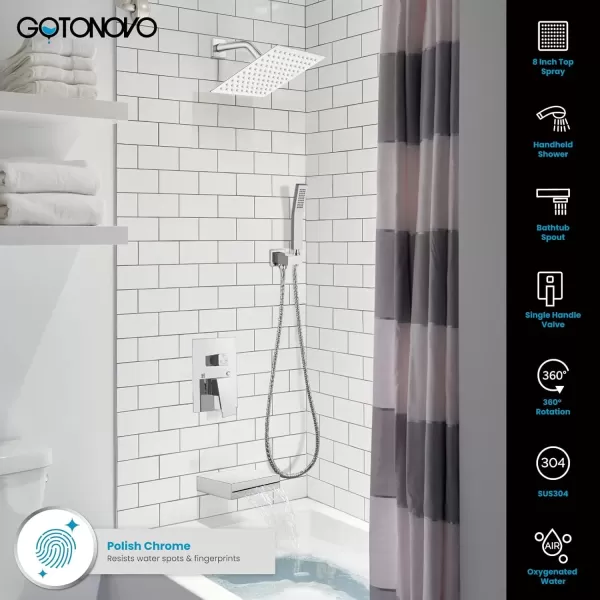 imagegotonovo Polish Chrome Rain Mixer Shower Faucet Set with Waterfall Tub Spout 10 inch Square Rainfall Shower Head with Handheld Spray Wall Mounted Roughin Valve and Trim IncludedChrome Polished