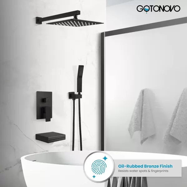 imagegotonovo Polish Chrome Rain Mixer Shower Faucet Set with Waterfall Tub Spout 10 inch Square Rainfall Shower Head with Handheld Spray Wall Mounted Roughin Valve and Trim IncludedOil Rubbed Bronze