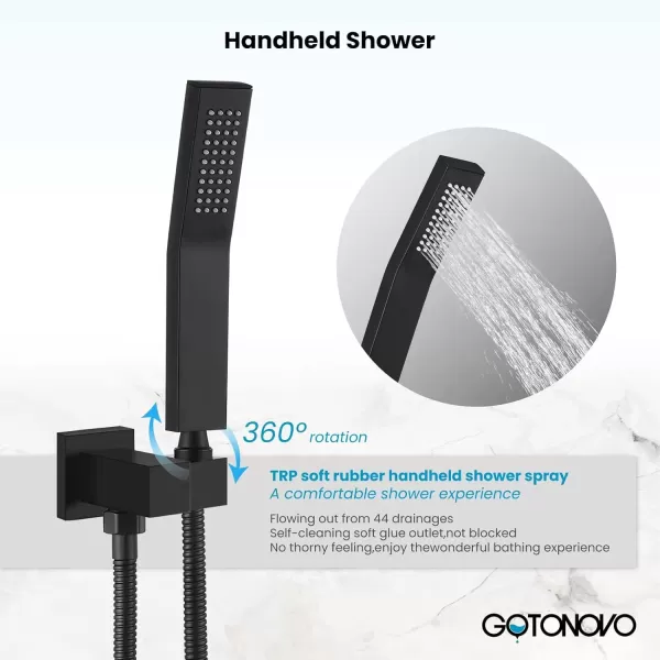 imagegotonovo Polish Chrome Rain Mixer Shower Faucet Set with Waterfall Tub Spout 10 inch Square Rainfall Shower Head with Handheld Spray Wall Mounted Roughin Valve and Trim IncludedMatte Black