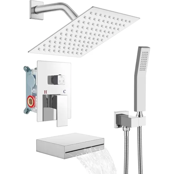 imagegotonovo Polish Chrome Rain Mixer Shower Faucet Set with Waterfall Tub Spout 10 inch Square Rainfall Shower Head with Handheld Spray Wall Mounted Roughin Valve and Trim IncludedChrome Polished