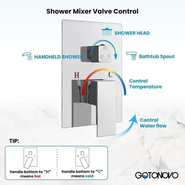 imagegotonovo Polish Chrome Rain Mixer Shower Faucet Set with Waterfall Tub Spout 10 inch Square Rainfall Shower Head with Handheld Spray Wall Mounted Roughin Valve and Trim IncludedChrome Polished