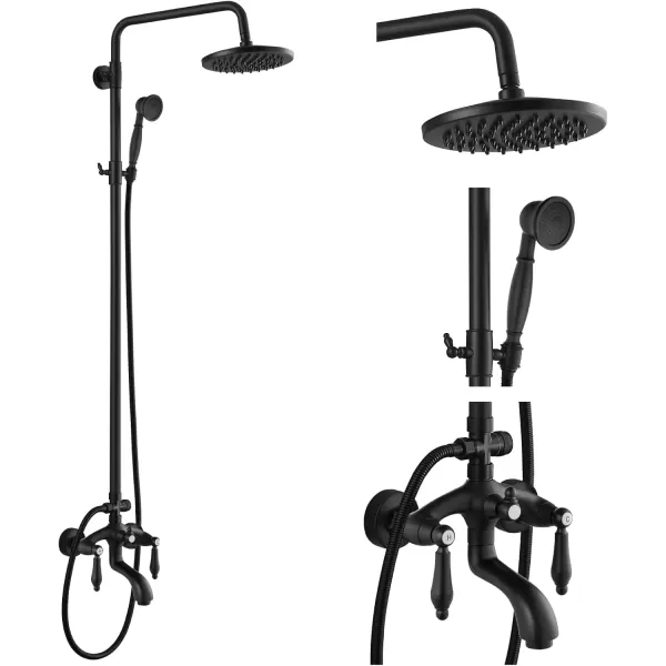 imagegotonovo Polish Chrome Shower Faucet Set 8inch Shower Head with Handheld Spray Double Lever Handle Tub Spout Triple Function Bathroom Shower FixtureWall MountMatte Black