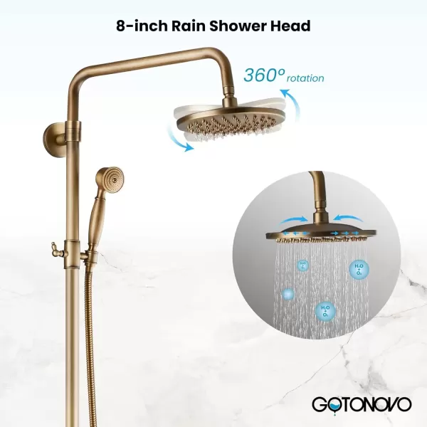 imagegotonovo Polish Chrome Shower Faucet Set 8inch Shower Head with Handheld Spray Double Lever Handle Tub Spout Triple Function Bathroom Shower FixtureWall MountAntique Brass