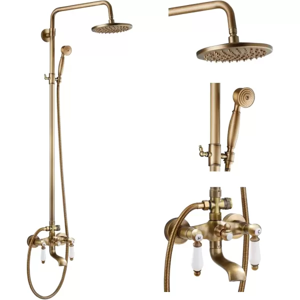 imagegotonovo Polish Chrome Shower Faucet Set 8inch Shower Head with Handheld Spray Double Lever Handle Tub Spout Triple Function Bathroom Shower FixtureWall MountAntique Brass