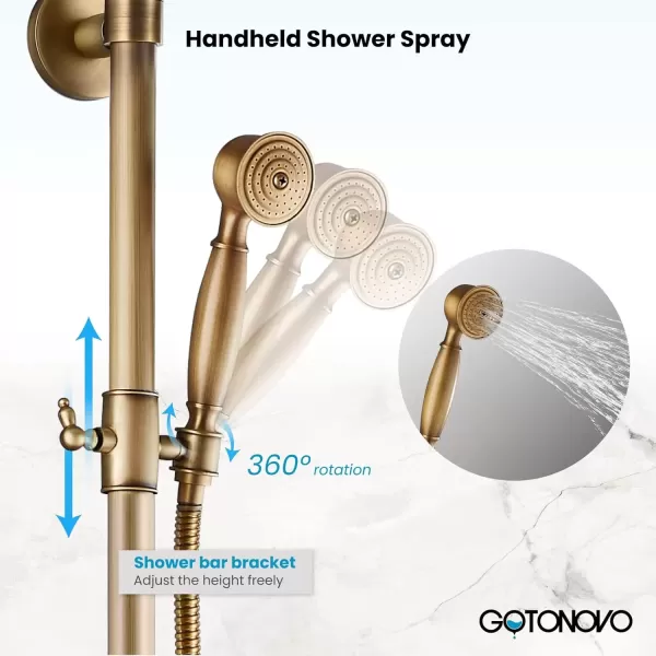 imagegotonovo Polish Chrome Shower Faucet Set 8inch Shower Head with Handheld Spray Double Lever Handle Tub Spout Triple Function Bathroom Shower FixtureWall MountAntique Brass