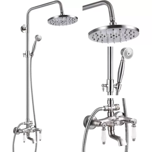 imagegotonovo Polish Chrome Shower Faucet Set 8inch Shower Head with Handheld Spray Double Lever Handle Tub Spout Triple Function Bathroom Shower FixtureWall MountBrushed Nickel