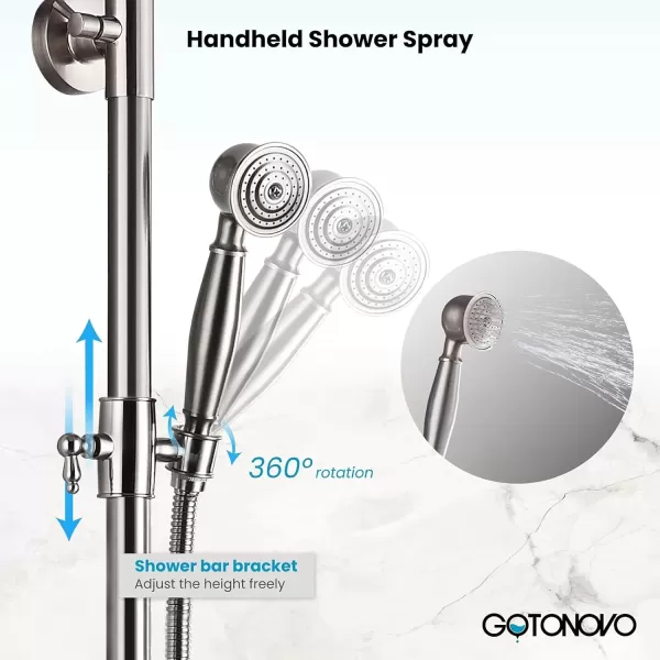 imagegotonovo Polish Chrome Shower Faucet Set 8inch Shower Head with Handheld Spray Double Lever Handle Tub Spout Triple Function Bathroom Shower FixtureWall MountBrushed Nickel