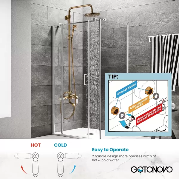 imagegotonovo Polish Chrome Shower Faucet Set 8inch Shower Head with Handheld Spray Double Lever Handle Tub Spout Triple Function Bathroom Shower FixtureWall MountAntique Brass
