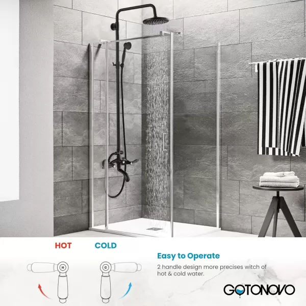 imagegotonovo Polish Chrome Shower Faucet Set 8inch Shower Head with Handheld Spray Double Lever Handle Tub Spout Triple Function Bathroom Shower FixtureWall MountMatte Black