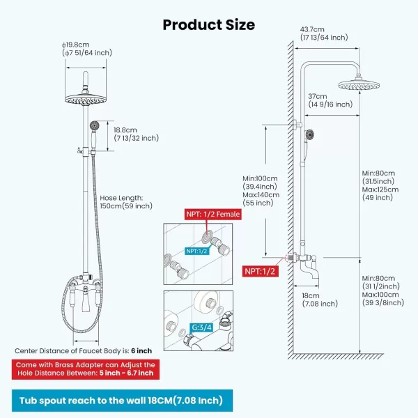 imagegotonovo Polish Chrome Shower Faucet Set 8inch Shower Head with Handheld Spray Double Lever Handle Tub Spout Triple Function Bathroom Shower FixtureWall MountBrushed Nickel