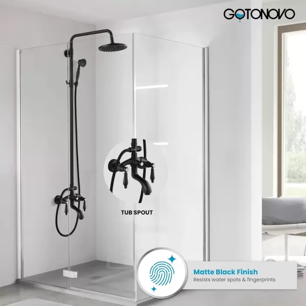 imagegotonovo Polish Chrome Shower Faucet Set 8inch Shower Head with Handheld Spray Double Lever Handle Tub Spout Triple Function Bathroom Shower FixtureWall MountMatte Black