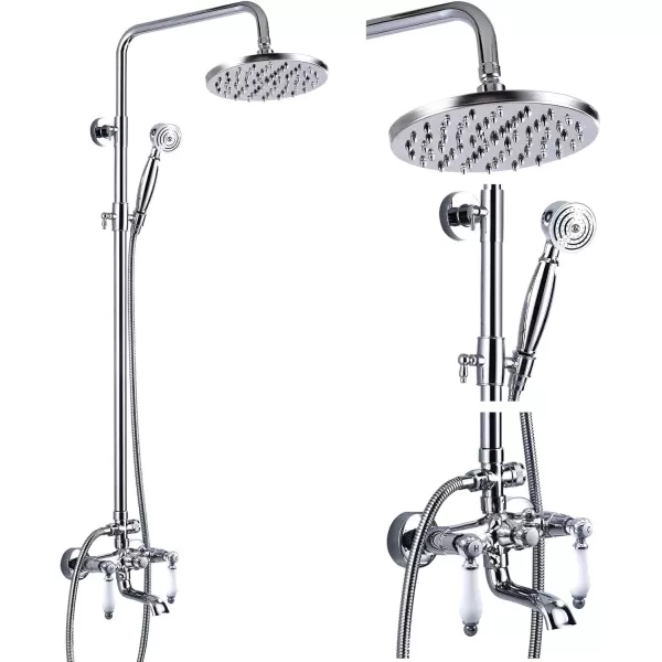 imagegotonovo Polish Chrome Shower Faucet Set 8inch Shower Head with Handheld Spray Double Lever Handle Tub Spout Triple Function Bathroom Shower FixtureWall MountPolish Chrome