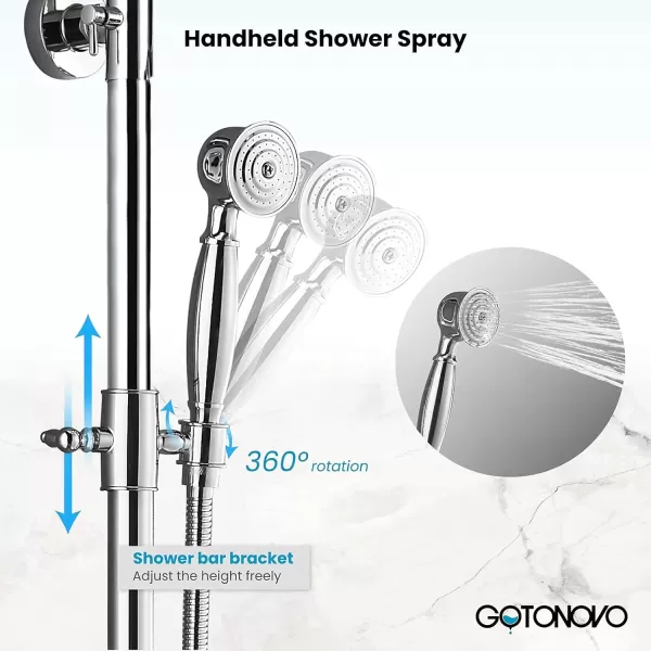 imagegotonovo Polish Chrome Shower Faucet Set 8inch Shower Head with Handheld Spray Double Lever Handle Tub Spout Triple Function Bathroom Shower FixtureWall MountPolish Chrome