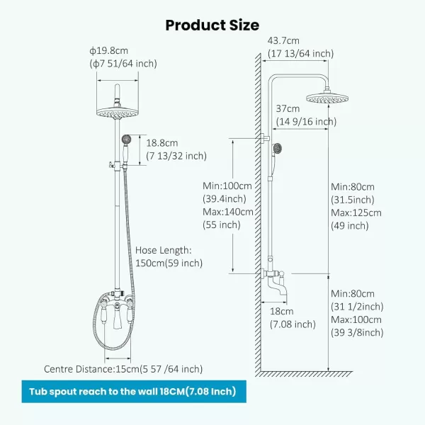 imagegotonovo Polish Chrome Shower Faucet Set 8inch Shower Head with Handheld Spray Double Lever Handle Tub Spout Triple Function Bathroom Shower FixtureWall MountMatte Black
