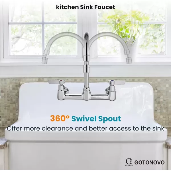 imagegotonovo Polish Chrome Sink Mount 8 Inch Center 360 Degree Swivel Spout Double Handles Kitchen Sink Faucet Kitchen Commercial Sink Utility Laundry Sink Mixer Tap with Converter