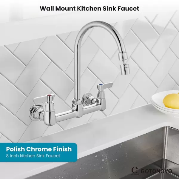 imagegotonovo Polish Chrome Sink Mount 8 Inch Center 360 Degree Swivel Spout Double Handles Kitchen Sink Faucet Kitchen Commercial Sink Utility Laundry Sink Mixer Tap with Converter