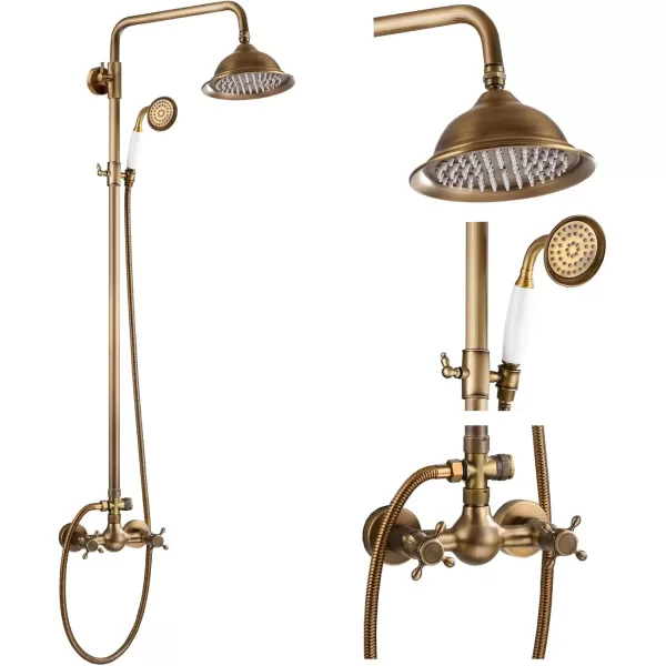 imagegotonovo Polish Gold Exposed Bathroom Shower Faucet 8 Inch Rainfall Shower Head System Handheld Spray Bathroom Wall Mount Shower Fixture SetAntique Brass