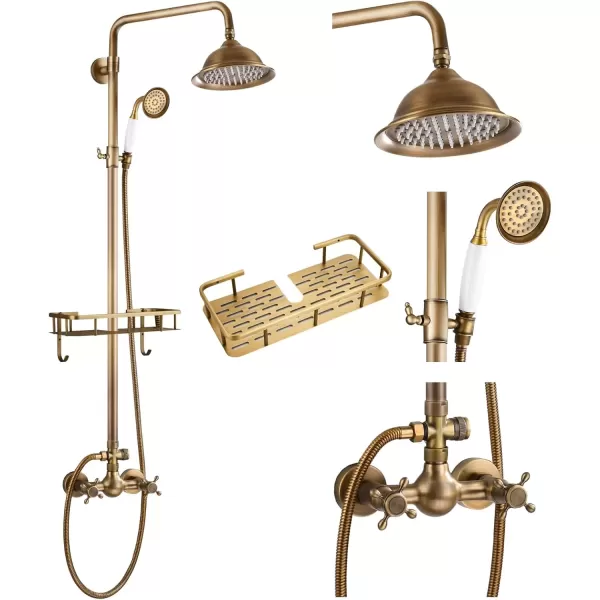 imagegotonovo Polish Gold Exposed Bathroom Shower Faucet 8 Inch Rainfall Shower Head System Handheld Spray Bathroom Wall Mount Shower Fixture SetAntique Brass
