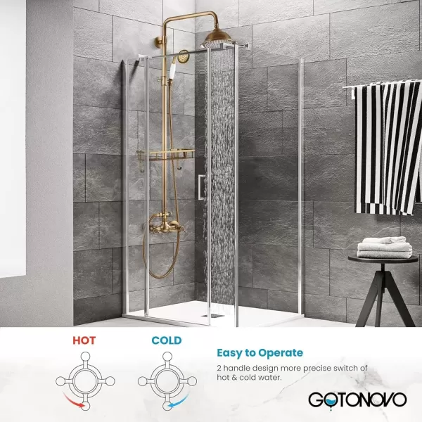 imagegotonovo Polish Gold Exposed Bathroom Shower Faucet 8 Inch Rainfall Shower Head System Handheld Spray Bathroom Wall Mount Shower Fixture SetAntique Brass