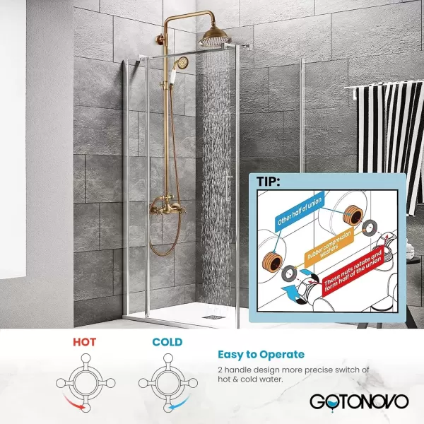 imagegotonovo Polish Gold Exposed Bathroom Shower Faucet 8 Inch Rainfall Shower Head System Handheld Spray Bathroom Wall Mount Shower Fixture SetAntique Brass
