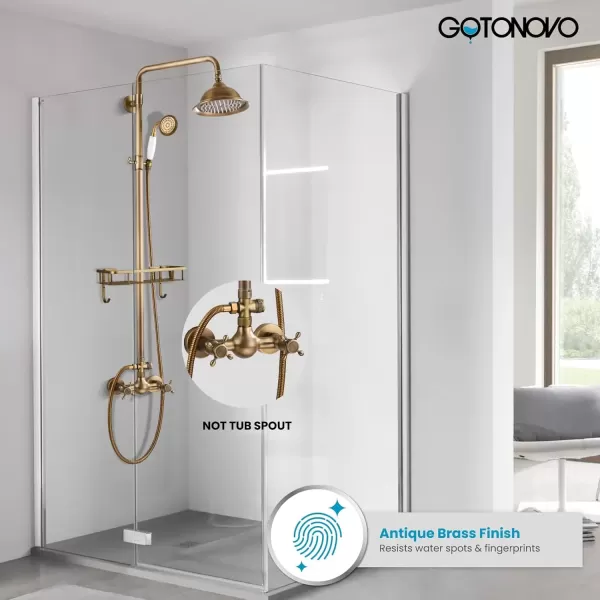 imagegotonovo Polish Gold Exposed Bathroom Shower Faucet 8 Inch Rainfall Shower Head System Handheld Spray Bathroom Wall Mount Shower Fixture SetAntique Brass