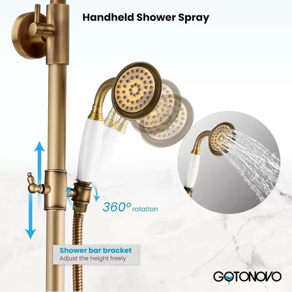 imagegotonovo Polish Gold Exposed Bathroom Shower Faucet 8 Inch Rainfall Shower Head System Handheld Spray Bathroom Wall Mount Shower Fixture SetAntique Brass