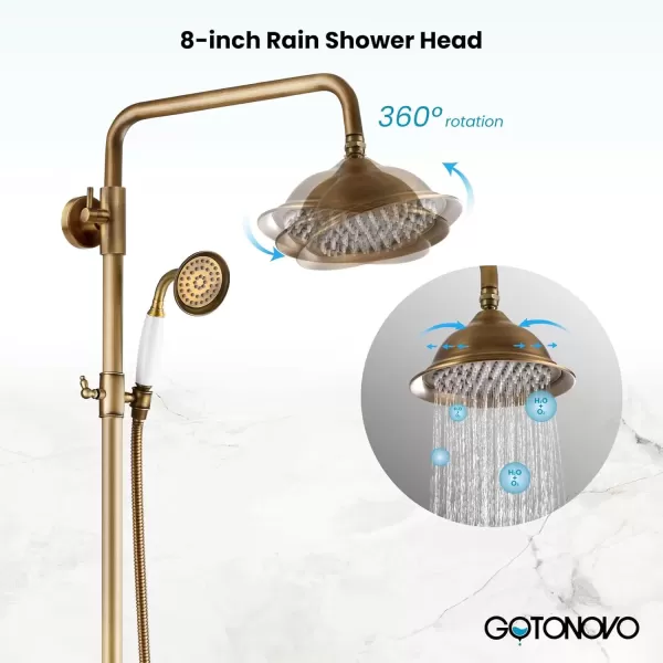 imagegotonovo Polish Gold Exposed Bathroom Shower Faucet 8 Inch Rainfall Shower Head System Handheld Spray Bathroom Wall Mount Shower Fixture SetAntique Brass