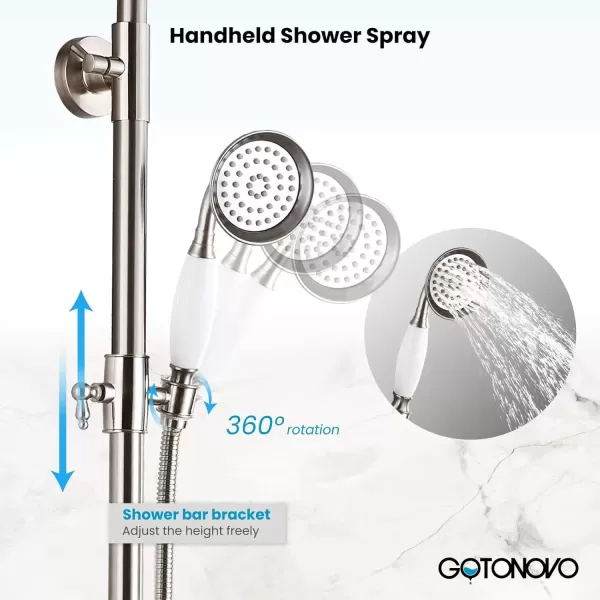 imagegotonovo Polish Gold Exposed Bathroom Shower Faucet 8 Inch Rainfall Shower Head System Handheld Spray Bathroom Wall Mount Shower Fixture SetBrushed Nickel