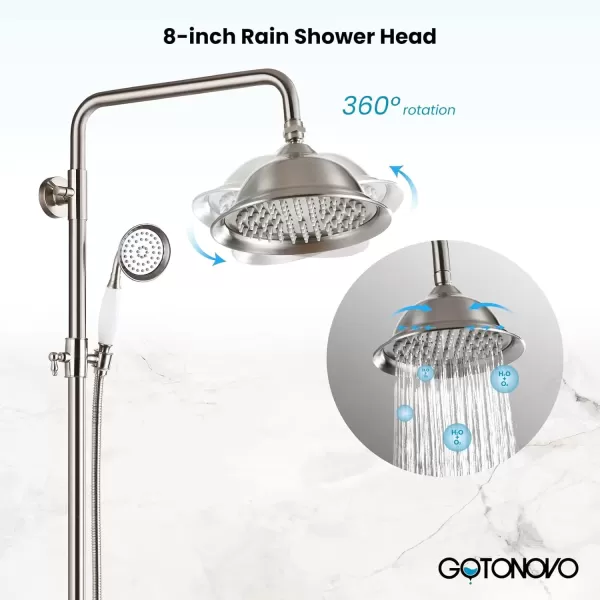imagegotonovo Polish Gold Exposed Bathroom Shower Faucet 8 Inch Rainfall Shower Head System Handheld Spray Bathroom Wall Mount Shower Fixture SetBrushed Nickel