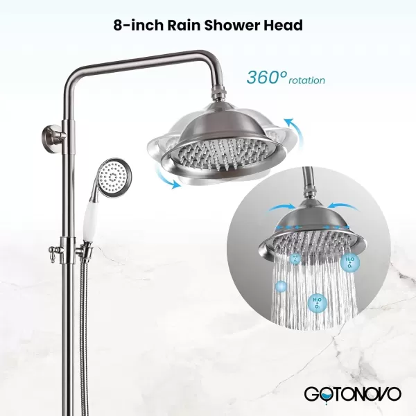 imagegotonovo Polish Gold Exposed Bathroom Shower Faucet 8 Inch Rainfall Shower Head System Handheld Spray Bathroom Wall Mount Shower Fixture SetBrushed Nickel