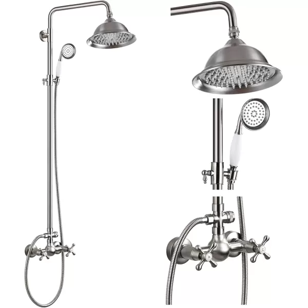 imagegotonovo Polish Gold Exposed Bathroom Shower Faucet 8 Inch Rainfall Shower Head System Handheld Spray Bathroom Wall Mount Shower Fixture SetBrushed Nickel