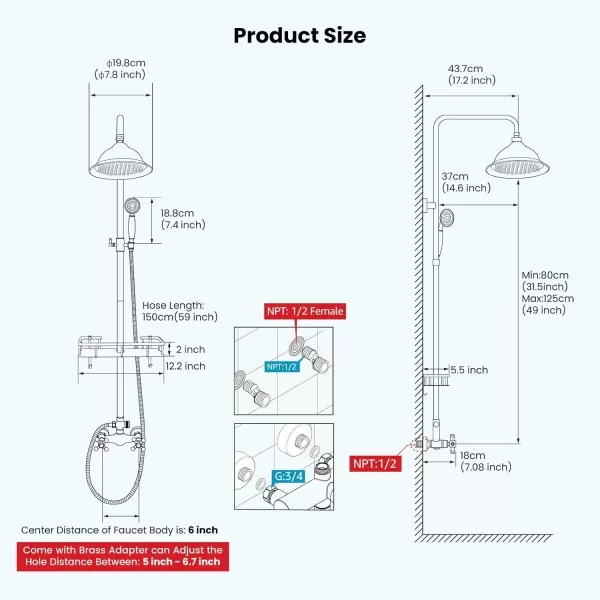imagegotonovo Polish Gold Exposed Bathroom Shower Faucet 8 Inch Rainfall Shower Head System Handheld Spray Bathroom Wall Mount Shower Fixture SetMatte Black