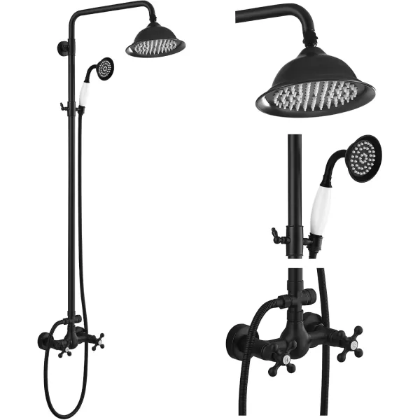 imagegotonovo Polish Gold Exposed Bathroom Shower Faucet 8 Inch Rainfall Shower Head System Handheld Spray Bathroom Wall Mount Shower Fixture SetMatte Black