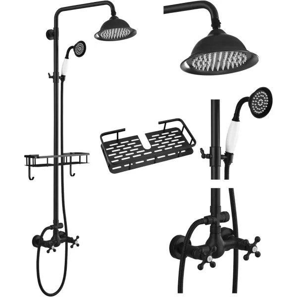 imagegotonovo Polish Gold Exposed Bathroom Shower Faucet 8 Inch Rainfall Shower Head System Handheld Spray Bathroom Wall Mount Shower Fixture SetMatte Black