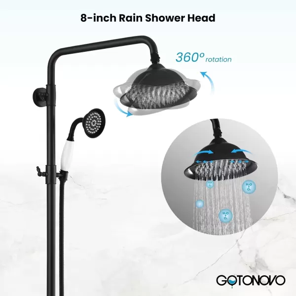 imagegotonovo Polish Gold Exposed Bathroom Shower Faucet 8 Inch Rainfall Shower Head System Handheld Spray Bathroom Wall Mount Shower Fixture SetMatte Black