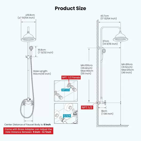 imagegotonovo Polish Gold Exposed Bathroom Shower Faucet 8 Inch Rainfall Shower Head System Handheld Spray Bathroom Wall Mount Shower Fixture SetMatte Black