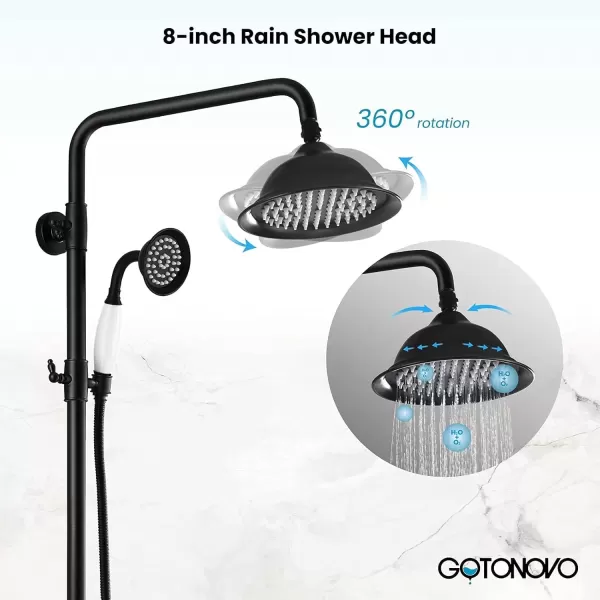 imagegotonovo Polish Gold Exposed Bathroom Shower Faucet 8 Inch Rainfall Shower Head System Handheld Spray Bathroom Wall Mount Shower Fixture SetMatte Black