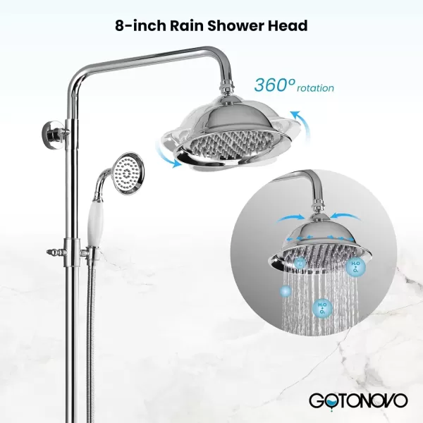 imagegotonovo Polish Gold Exposed Bathroom Shower Faucet 8 Inch Rainfall Shower Head System Handheld Spray Bathroom Wall Mount Shower Fixture SetPolish Chrome