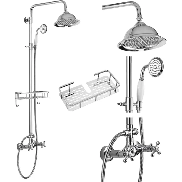imagegotonovo Polish Gold Exposed Bathroom Shower Faucet 8 Inch Rainfall Shower Head System Handheld Spray Bathroom Wall Mount Shower Fixture SetPolish Chrome