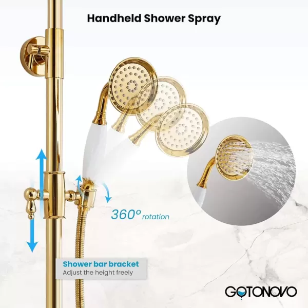 imagegotonovo Polish Gold Exposed Bathroom Shower Faucet 8 Inch Rainfall Shower Head System Handheld Spray Bathroom Wall Mount Shower Fixture SetPolished Gold
