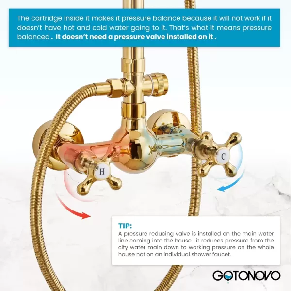 imagegotonovo Polish Gold Exposed Bathroom Shower Faucet 8 Inch Rainfall Shower Head System Handheld Spray Bathroom Wall Mount Shower Fixture SetPolished Gold