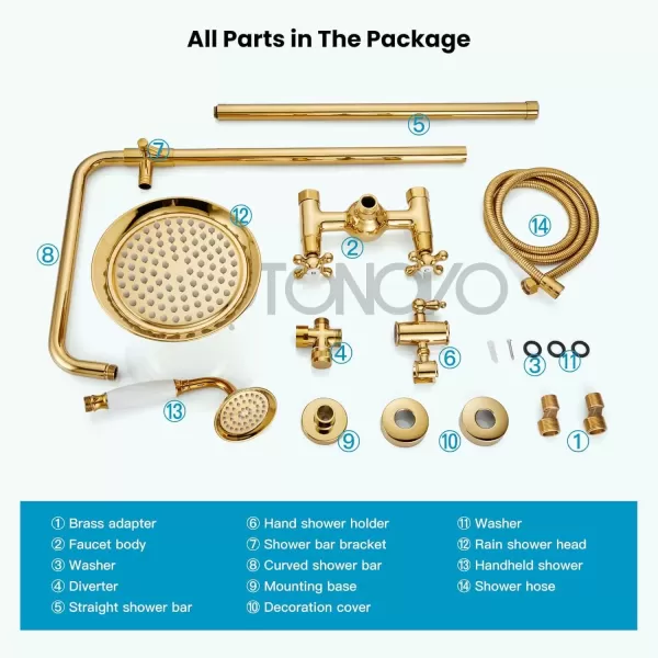 imagegotonovo Polish Gold Exposed Bathroom Shower Faucet 8 Inch Rainfall Shower Head System Handheld Spray Bathroom Wall Mount Shower Fixture SetPolished Gold