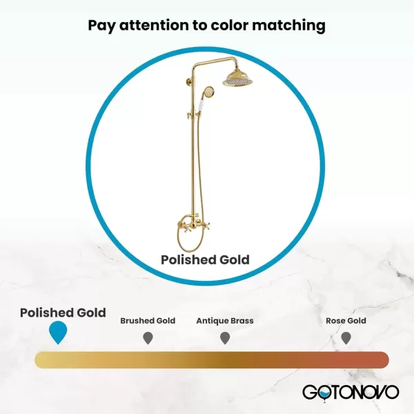 imagegotonovo Polish Gold Exposed Bathroom Shower Faucet 8 Inch Rainfall Shower Head System Handheld Spray Bathroom Wall Mount Shower Fixture SetPolished Gold