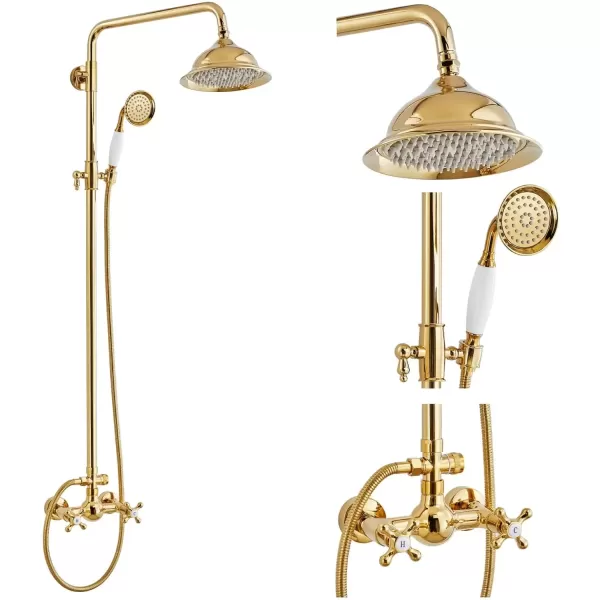imagegotonovo Polish Gold Exposed Bathroom Shower Faucet 8 Inch Rainfall Shower Head System Handheld Spray Bathroom Wall Mount Shower Fixture SetPolished Gold