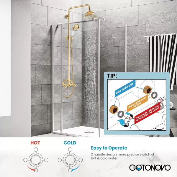 imagegotonovo Polish Gold Exposed Bathroom Shower Faucet 8 Inch Rainfall Shower Head System Handheld Spray Bathroom Wall Mount Shower Fixture SetPolished Gold