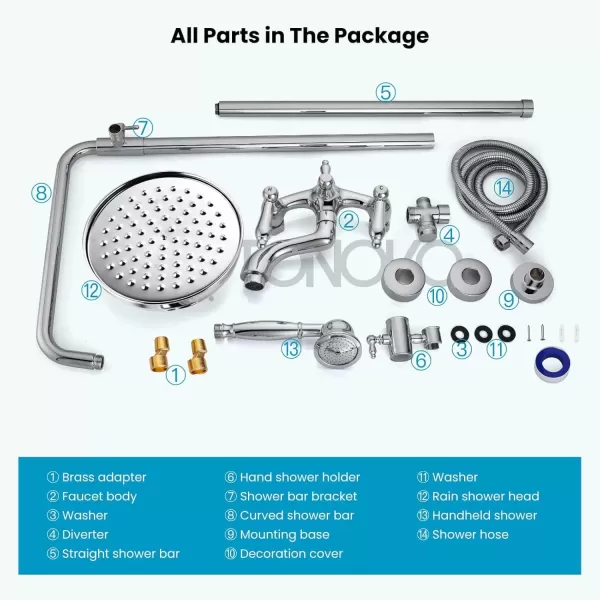 imagegotonovo Polished Chrome Exposed Pipe Bathroom Shower System Wall Mount 8 Round Shower Head Triple Function Mixer Shower Faucet Sets with 2 Lever Knobs Handheld Sprayer with Tub SpoutPolished Chrome